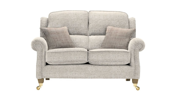 Parker Knoll Henley 2 Seater Sofa in Caledonian Pebble Fabric with Dash Oatmeal Scatters and Vintage Oak Legs